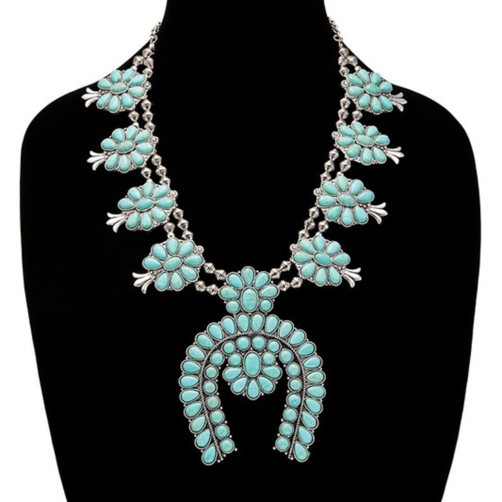 New Large Squash Blossom Natural Turquoise Stone Silver Western Necklace - Picture 3 of 5